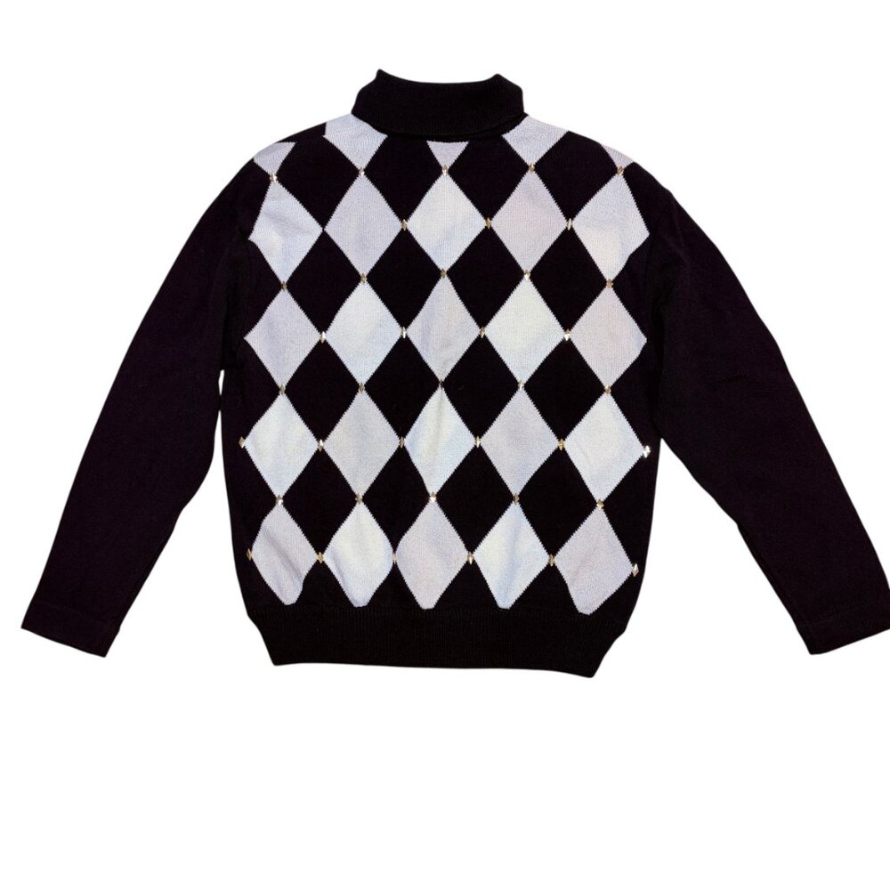 ST. JOHN Argyle Black White Diamond Collared Sweater Top - Size P - Picture 5 of 15